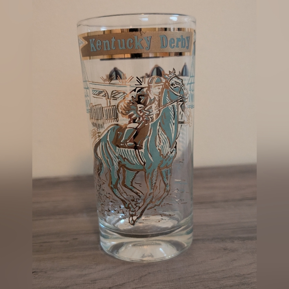 Kentucky Derby Racing Horse Tall Glass - Aqua & Gold